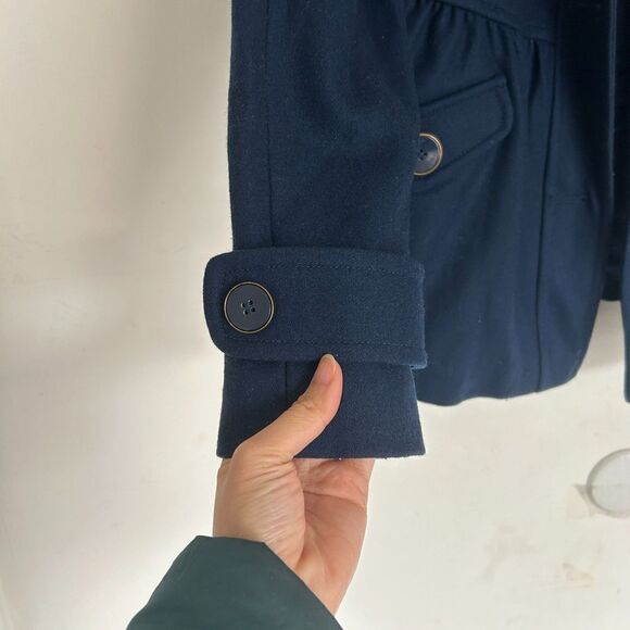 Tulle Anthropologie Wool Brown Faux Fur Trim Hood Long Blue Coat Size Medium - Picture 6 of 12